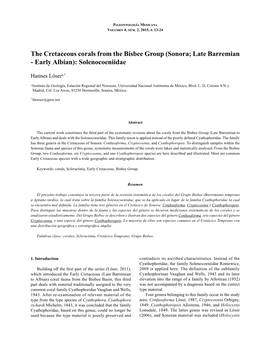The Cretaceous Corals from the Bisbee Group (Sonora; Late Barremian - Early Albian): Solenocoeniidae