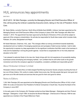 HUL Announces Key Appointments 26­07­2013