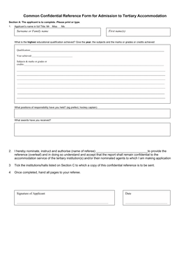 Common Confidential Reference Form for Admission to Tertiary Accommodation