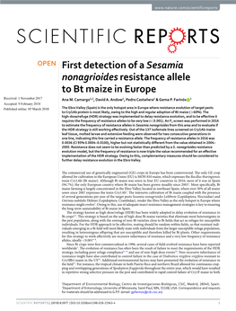 First Detection of a Sesamia Nonagrioides Resistance Allele to Bt Maize in Europe Received: 1 November 2017 Ana M