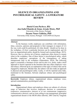 Silence in Organizations and Psychological Safety: a Literature Review