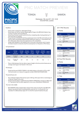 PNC MATCH PREVIEW TONGA V SAMOA Wednesday 13Th July 2011, KO: 12:40 Churchill Park, Lautoka