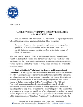 July 25, 2019 NACDL OPPOSES AFFIRMATVE CONSENT