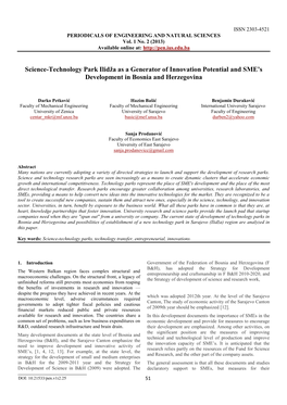 Science-Technology Park Ilidža As a Generator of Innovation Potential and SME’S Development in Bosnia and Herzegovina