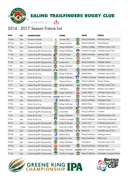 2016 - 2017 Season Fixture List