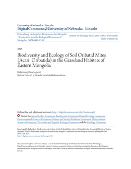 (Acari: Oribatida) in the Grassland Habitats of Eastern Mongolia Badamdorj Bayartogtokh National University of Mongolia, Bayartogtokh@Num.Edu.Mn