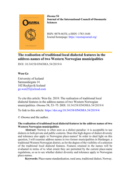 The Realisation of Traditional Local Dialectal Features in the Address Names of Two Western Norwegian Municipalities DOI: 10.34158/ONOMA.54/2019/4