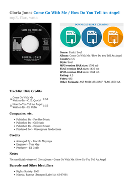 Gloria Jones Come Go with Me / How Do You Tell an Angel Mp3, Flac, Wma