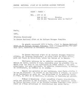 1 CENTRE NATIONAL D'art ET DE CULTURE GEORGES POMPIDOU Tél . 277 12 33 Service 231 76 20) "Relations Avec Le Public"