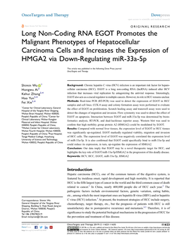 Long Non-Coding RNA EGOT Promotes the Malignant Phenotypes of Hepatocellular Carcinoma Cells and Increases the Expression of HMGA2 Via Down-Regulating Mir-33A-5P