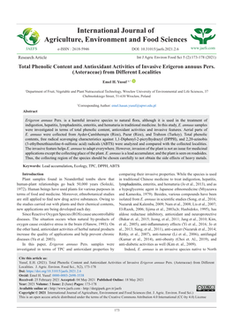 Total Phenolic Content and Antioxidant Activities of Invasive Erigeron Annuus Pers