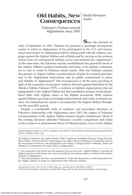 Old Habits, New Consequences Old Habits, New Khalid Homayun Consequences Nadiri Pakistan’S Posture Toward Afghanistan Since 2001