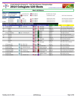 2014 Collegiate U20 Bests As of 6/17/2014 12:23:27 PM Men's 60 Meters ALL-TIME BESTS World U20 Mark LEWIS-FRANCIS 82J Great Britain & N.I