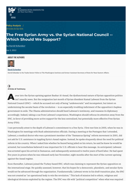 The Free Syrian Army Vs. the Syrian National Council -- Which Should We Support? by David Schenker