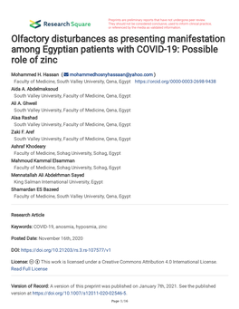 Olfactory Disturbances As Presenting Manifestation Among Egyptian Patients with COVID-19: Possible Role of Zinc