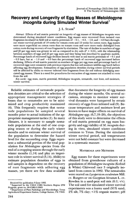 Recovery and Longevity of Egg Masses of Meloidogyne Incognita During Simulated Winter Survival 1