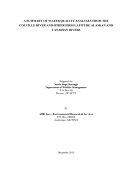 A Summary of Water Quality Analyses from the Colville River and Other High Latitude Alaskan and Canadian Rivers