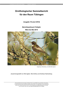 Ornithologischer Sammelbericht Für Den Raum Tübingen