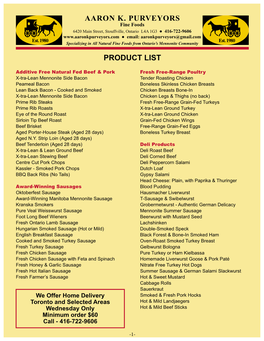 Aaron K. Purveyors Product List