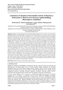 Laboratory Evaluation of Insecticidal Activity of Phytolacca Dodecandra L.'Herit Leaves Extracts Against Bedbug, (Heteroptera: Cimicidae)