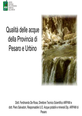 Qualità Delle Acque Della Provincia Di Pesaro E Urbino