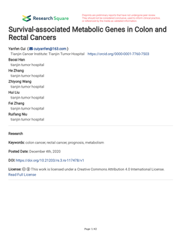 Survival-Associated Metabolic Genes in Colon and Rectal Cancers