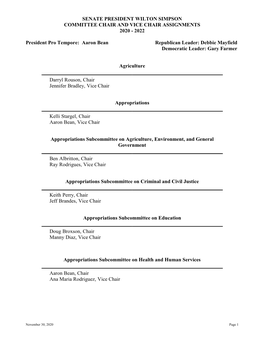 Senate President Wilton Simpson Committee Chair and Vice Chair Assignments 2020 - 2022