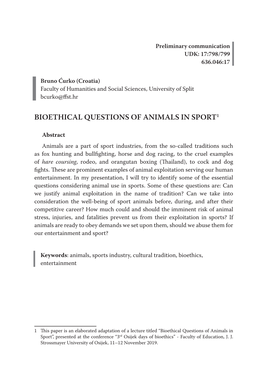 Bioethical Questions of Animals in Sport1