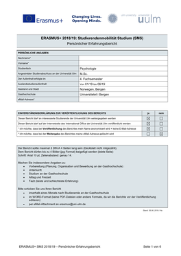 ERASMUS+ 2018/19: Studierendenmobilität Studium (SMS) Persönlicher Erfahrungsbericht