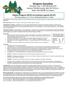 Dragons Gameday Thursday, July 1, 2021 ⚫ Game # 50 Jackson Field ⚫ Lansing, Mich