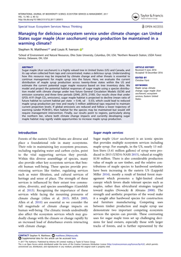 Can United States Sugar Maple (Acer Saccharum) Syrup Production Be Maintained in a Warming Climate? Stephen N