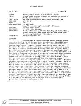 A Mass Media-Centered Approach to Teaching the Course in Family Communication. INSTITUTION National Communication Association, Annandale, VA