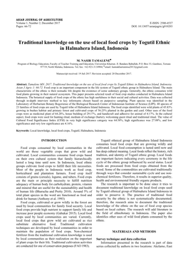 Traditional Knowledge on the Use of Local Food Crops by Togutil Ethnic in Halmahera Island, Indonesia