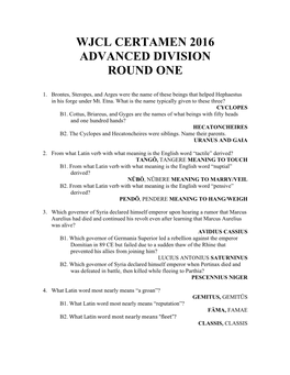 Wjcl Certamen 2016 Advanced Division Round One