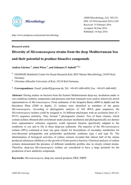 Diversity of Micromonospora Strains from the Deep Mediterranean Sea and Their Potential to Produce Bioactive Compounds