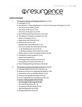 Outline of the Book I. the Glorious Position of the Body of Christ (1:1-3:21) A