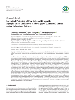 Larvicidal Potential of Five Selected Dragonfly Nymphs in Sri Lanka Over Aedes Aegypti (Linnaeus) Larvae Under Laboratory Settings