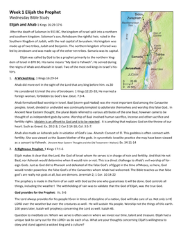 Week 1 Elijah the Prophet Wednesday Bible Study