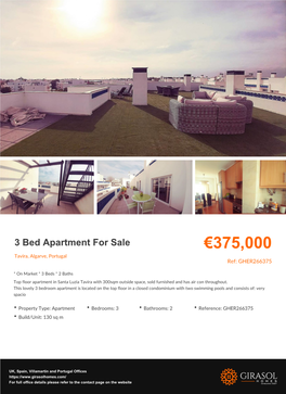 3 Bed Apartment for Sale €375,000 Tavira, Algarve, Portugal Ref: GHER266375