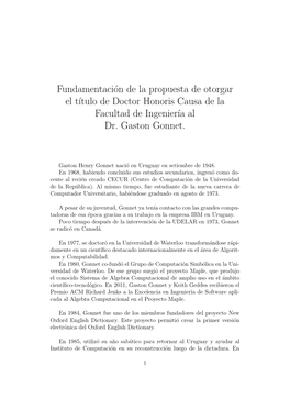 Fundamentación De La Propuesta De Otorgar El T´Itulo De Doctor Honoris Causa De La Facultad De Ingenier´Ia Al Dr. Gaston Go