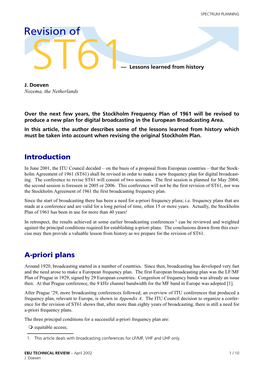 Revision of ST61, Nor Was the Stockholm Agreement of 1961 the First Broadcasting Frequency Plan