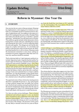 Update Briefing Asia Briefing N°136 Jakarta/Brussels, 11 April 2012 Reform in Myanmar: One Year On