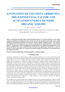 Estimation of Viscosity Arrhenius Pre-Exponential Factor and Activation Energy of Some Organic Liquids E