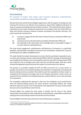 Overwhelmed an Overview of Factors That Impact Upon Insurance Disclosure Comprehension, Comparability and Decision Making, September 2018