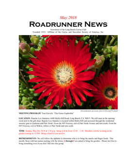 Roadrunner News Newsletter of the Long Beach Cactus Club Founded 1933; Affiliate of the Cactus and Succulent Society of America, Inc