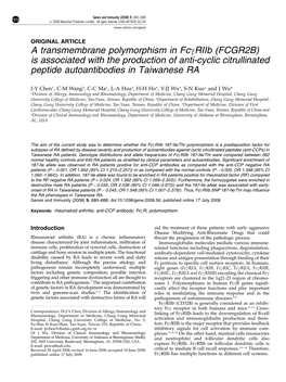 FCGR2B) Is Associated with the Production of Anti-Cyclic Citrullinated Peptide Autoantibodies in Taiwanese RA