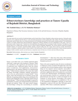 Ethnoveterinary Knowledge and Practices at Tanore Upazila of Rajshahi District, Bangladesh