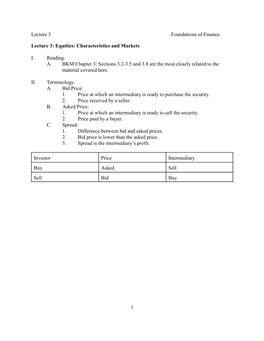 Equities: Characteristics and Markets I. Reading. A. BKM Chapter 3