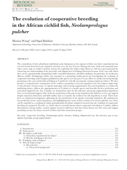 The Evolution of Cooperative Breeding in the African Cichlid Fish, Neolamprologus Pulcher