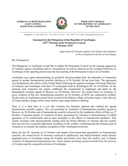 Statement by the Delegation of the Republic of Azerbaijan 1287 29 October 2020 Meeting of the Permanent Council, Aggression of A
